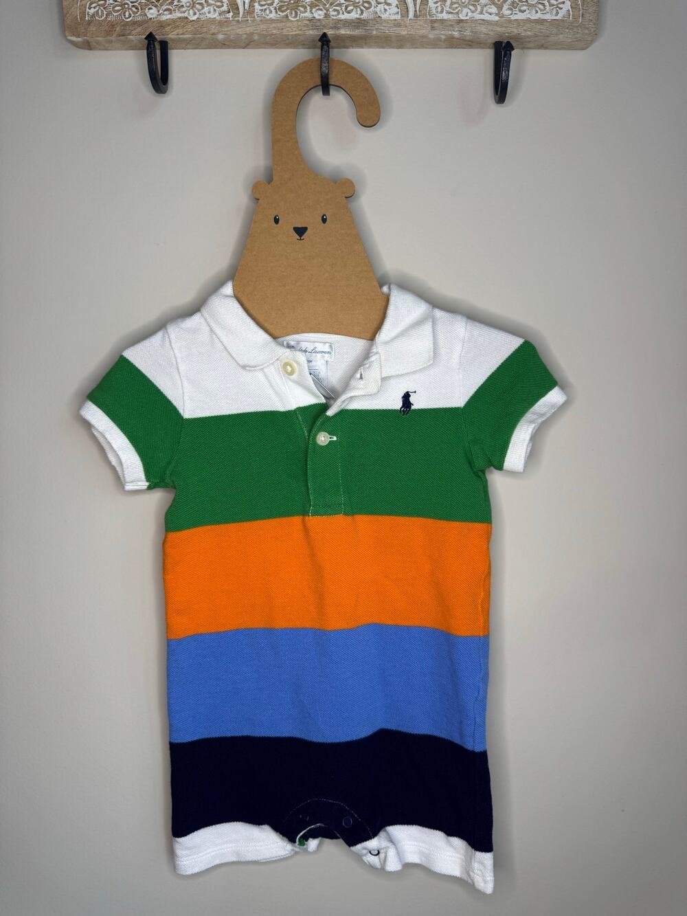 Ralph Lauren Baby Boy Colorblock Shortall Romper sz 9M